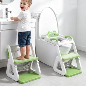 Orzbow 2-IN-1 Potty Training Seat with Step Stool, Height Adjustable Toilet Seat for Toddler, Potty Training with Splash Guard for Kids Boys Girls, Stability Ladder and Anti-Slip Pad, Green
