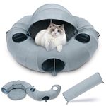 OUHOU Cat Tunnels for Indoor Cats, Cat Tunnels with Awning and Central Mat, Cat Donut Tunnel with 3 Hanging Balls and 6 Peepholes, Green.