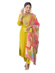 Naixa Women's Yellow Viscose Embroidered Flared Kurta with Viscose Pant and Silk Blend Printed Dupatta Sets (NX-474-Yellow-S)