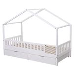 HOME MODERN Solid Pine Wood Kids Bed Frame Single Bed Frame House Scandinavian style Bed Frame with 2 Drawers Storage Children Bed for Bedroom Furniture, Mattress (WITHOUT) 90x190 cm (White)