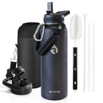 RAYMYLO Insulated Water Bottle 40 oz, Triple Wall Vacuum Stainless Steel (Cold for 48 Hrs), Leak Proof & BPA-Free, Modern Water Flask Jug with Paracord Handle & Straw Spout Lids, Magic Black