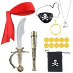 Tbczvx 8 Pcs Pirate Accessories, Pirate Costume Accessories Set, Pirate Headband Pirate Eye Patch Earring Binocular Necklace Gold Coins Pirate Toys for Young Women Men Boys Girls for Halloween