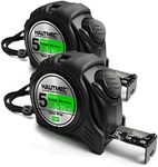 HAUTMEC 16 Ft (5m) Heavy Duty AutoLock Black Tape Measure, Self-Lock, 1" Wide Black Rigid Blade, Dual Sided Rule Print 2 Pack, HT0100-2PC