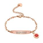 VNOX Emergency Medical Bracelet for Women Personalized Stainless Steel Heart ID Bangle Link Charm Free Engraving Name Identification Jewelry Rose Gold Plated Medical Alert Bracelets for Ladies Girls