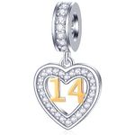 14 Years Old Birthday Charms fit Pandora Style Bracelet, 18K Gold Number 14 Dangle, 925 Sterling Silver 14th Anniversary Heart Pendant Beads with CZ, Gifts for Cousin/Stepsister/Bday