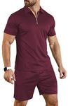 KUYIGO Mens Short Sleeve Casual Polo Shirt and Shorts Sets Two Piece Summer Outfits Zip Polo Tracksuit Set for Men L Wine Red