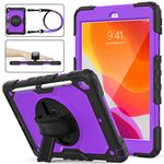 SEYMAC stock Case for iPad 9th/8th/7th Generation 10.2'', [Full-Body] Drop Proof Armor Case with 360° Rotating Stand [Pencil Holder][Screen Protector] Hand Strap, Purple+Black