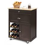GiantexUK Kitchen Storage Trolley on Wheels, Rolling Serving Island Cart with Drawer and Wine Racks, Wooden Storage Display Cabinet for Dining Room Restaurant & Bar (Natural + Brown)