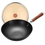 Carbon Steel Wok Pan, 12" Woks and Stir Fry Pans with Lid, No Chemical Coated Flat Bottom Iron Wok for Induction, Electric, Gas, Halogen All Stoves-Practical Gift Chinese Traditional Wok