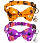 LUTER 2pcs Halloween Cat Collar, 11.8x0.39 Inch Adjustable Cat Collar with Bell Halloween Cat Collar Bow Tie Pumpkin Print Kitty Collar for Dog Kitten Decoration Accessories(Orange, Purple)