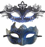 Coolwife Couples Masquerade Masks Metal Venetian Mardi Gras Party Evening Prom Costume Mask (Horn Blue)