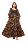 ODD BY chansi TRENDZ Women's Black Georgette Floral Printed Embroidered Flared Gown Round Neck Maxi Length Gown, Large