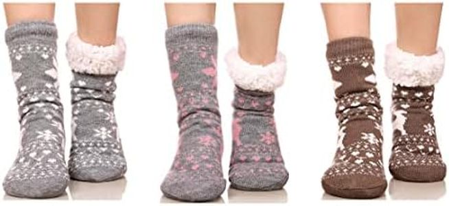 FRALOSHA Reindeer Home floor Socks Home Slipper Women's Winter Warm Fuzzy Anti-Skid Lined Indoor Floor Slipper Socks 3 Pairs (Brown/pink/grey)