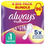 Always Platinum Extra Comfort Sanitary Towels, Size 1, Normal, Light Flow, 96 Pads With Soft Wings (24 x 4 Packs) SAVING PACK, Leak Protection, Micro Cushions, Fit&Flex Core, Odour Neutraliser