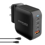 Promate GaNPort4 100W Gan Charger Adapter | 4-Ports GaN PD Wall Charger with 2 Type-C 100W Laptop Charger, 20W PD USB-C and 18W QC 3.0 Port for MacBook Pro Air, iPad Pro, iPhone 13, 12, Galaxy S9