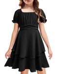 Arshiner Girls Summer Dress Chiffon Square Neck Lantern Sleeve Ruffle Midi Party Dress Black 9-10 Years