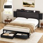 HAUSOURCE Queen Bed Frame with Storage Headboard Bed Frame Queen Size with 4 Storage Drawers Built in Charging Metal Heavy Duty Platform Station Non-Slip Without Noise No Box Spring Needed Black