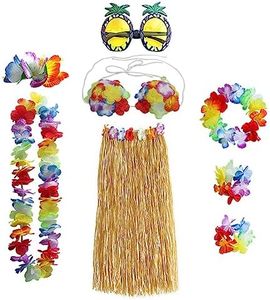 8Pcs 60 cm Hawaiian Grass Skirt with Pineapple Sunglasses Flower Accessories, Dancing Hula with Flower Bikini Top, Hibiscus Hair Clip, Pineapple Sunglasses for Women