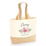 Personalised Jute Bag Shopping Tote for Nanny, Customisable "Loved By" Text - Floral Design - Ideal Mothers Day or Birthday Gift from Grandchildren