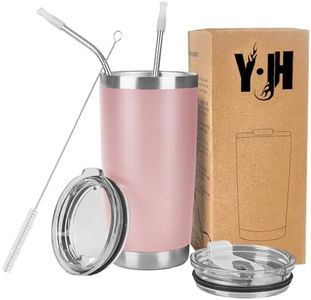 Y·JH 20oz (550ml) Bicchiere da viaggio Tazza da caffè a doppia parete isolata sottovuoto Tazza da caffè in acciaio inossidabile con 2 coperchi antispruzzo, 2 cannucce, senza BPA - Rosa