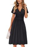 OUGES Black Dress Women Summer Short Sleeve V-Neck Floral Short Party Dresses with Pockets(Black,L)
