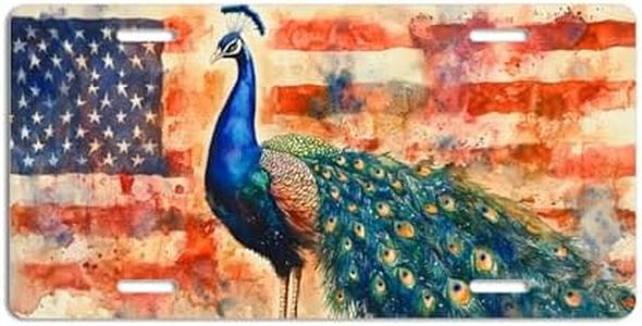 NGZ Peacock License Plate, Funny Pet American Flag Painting Aluminum License Plate Suitable for Car, RVs, Bars, Fences, garages, etc. 12x6 Inch