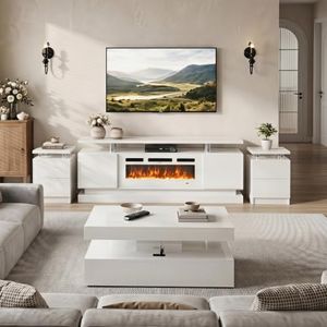 Nordivale White High Gloss 4 Piece Living Room Table Set Featuring 70" Fireplace TV Stand, 39" LED Illuminated Coffee Table & Pair of 15" End Tables with Storage Drawers