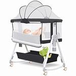 MEICHYUN Baby Bassinet 3 in 1 Baby Bassinet Bedside Sleeper with Wheels and Storage Basket,All Mesh Portable Bedside Bassinet for Newborn,7 Height Adjustable Easy to Assemble Bedside Crib（Black）