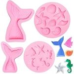 Mermaid Theme Silicone Baking Molds, 4 Pcs Fondant Cake Moulds, DIY Marine Silicone Mould Set, Mermaid Tail Mould, Seashell Mould, Reusable Sweet Baking Molds Tools, for Cake Chocolate Candy Muffin