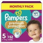 Pampers Premium Protection Size 5, 152 Nappies, 11kg-16kg, Monthly Pack, Double Protection for skin and against leaks