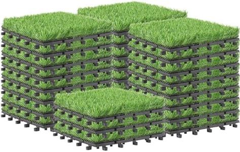 PrimeZone 216 Packs Interlocking Artificial Grass Tiles - 12"x12" Turf Outdoor Indoor Fake Grass Deck Flooring Set for Patio, Balcony, Backyard