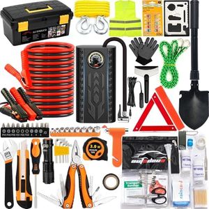 AUTODECO 98 PCS Roadside Car Emergency Assistance Kit with Portable Air Compressor Jumper Cables Safety Hammer All in One Pliers Tool Set