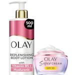Bundle of Olay Hyaluronic Acid Body Lotion, 24HR Moisturising Cream Full Body Skin Care Vitamin B5 B3, Glycerin, 500ml + Olay Super Cream Refillable Face Moisturiser With SPF30 UV Protection