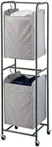 mDesign Vertical Stacked Laundry Hamper Basket with Wheels, Portable, 2 Removable Bags for Organizing Clothes, Laundry, Lights, Darks - Strong Metal Frame - Dark Gray