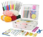 OPTIVICE Crochet Kit Crochet Kits for Beginners Adults Knitting Kit Ergonomic Metal Crochet Hooks Knitting Accessories Tools Crochet Wool Yarn Storage Case Needles Crochet Starter Kit(White Cactus)