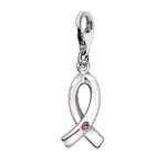 Quiges 925 Sterling Silver Pink Ribbon Cubic Zirconia 3D Lobster Clasp Charm Clip on Pendant