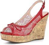 Allegra K Women's Platform Heels Bow Lace Wedge Red Sandals 5.5 M US