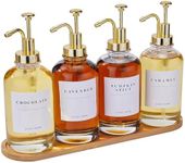 Coffee Syrup Dispenser for Coffee Bar, Coffee Syrup Pump Dispenser, Glass Syrup Bottle with Gold Upgraded Pump, 4 Pack 16.9 oz 500 ml Syrup Dispensers, 28 Labels and Large Bamboo Tray