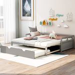 Merax Multifunctional Extending Daybed with Trundle Twin to King Wood Day Bed with Headboard No Box Spring Needed Grey