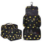 Hanging Travel Toiletry Bag, Ginsco 2 Pack Makeup Bag Cosmetic Bag for Women, Portable Water Resistant Toiletries Bag for Travel, Makeup Organizer with 4 Compartments & 1 Sturdy Hook Black Lemon