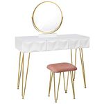 eSituro Make-up Table with 360° Revolving Round Mirror, Bedroom Dressing Table with 3 Drawers, Mirror and Padded Stool in Pink Velvet, Wood and Metal Vanity Table, 100x40x79cm, White + Pink SDT0042