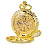 SIBOSUN Pocket Watch with Chain, Vintage Classic Double Hunter Hollow Mechanical Pocket Watches,Engraved Roman Numerals Hand Wind Watch for Men Women & Gift Box-Gold