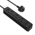 JSVER Extension Lead with 4 USB Ports Desktop Power Strip Smart Charging Station 3 Outlets USB Power Socket for Home Travel, Black