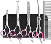 GEMEK Dog Grooming Scissors Set, 4CR Stainless Steel Safety Round Tip Pet Professional Grooming Tool 5 Pieces Kit - Straight, Curved, Thinning Shears & Comb for Dogs, Cats and Other Animals