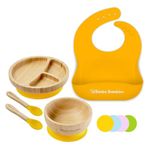 Bimba Bambino ® Baby Weaning Set | Bamboo Suction Plate, Bowl, Two Spoons and Silicone Bib, Sturdy and Safe Non-Toxic Natural Bamboo, Yellow