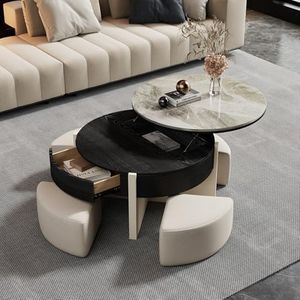 Modern Lift Top Coffee Table for Living Room, 31.5" Round Coffee Table with Storage Drawer, Lift Coffee Table with Stools, Wood Coffee Table with Sintered Stone Top