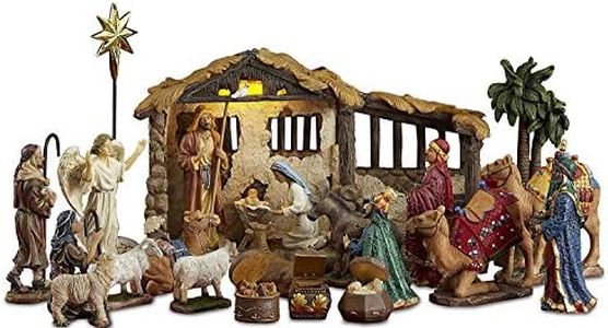 Three Kings Gifts Nativity Set for Christmas Indoor 23 Piece 5 Inch Figures with Lighted Stable, Palm Tree and Chests of Gold, Frankincense and Myrrh