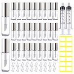 AMORIX 50PCS Mini Lip Gloss Tubes with Wand 1.2ml Empty Lip Gloss Containers Clear Refillable Travel Lip Balm Bottles for Samples with 5ml Syringes DIY Lip Gloss Base + Tag Labels Stickers (Silver)