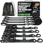 Rhino USA Ratchet Tie Down Straps (Set of 4) - 2000kg Max Break Strength, 4cm x 2.4m Heavy Duty Tie Downs with Hooks (4pcs) - Strap for Furniture Moving & Securing Cargo - Black