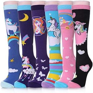 MQELONG 3-12 Year Old Girls Knee High Socks Kids Cute Crazy Funny Animal Pattern Long Boot Socks 6 Pairs (Unicorn Socks 02)